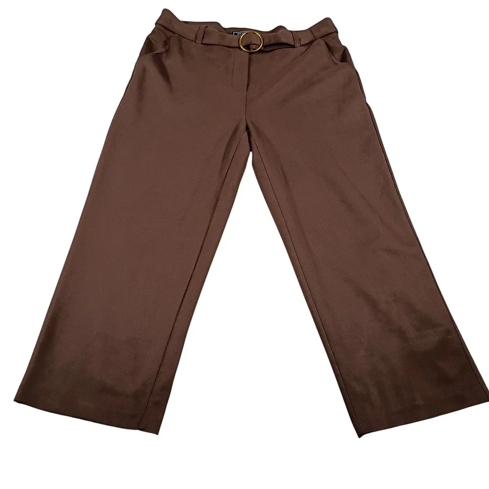 NYCC Trousers Women Large Brown Wide Leg Gold‎ O-Ring Belt Stretch